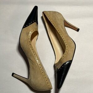 Constanca Basto tan suede black leather designer heels pumps Sz 5 1/2 - 6 EU 36